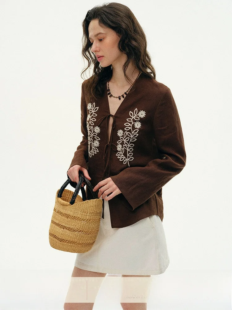 

Женский кардиган Who Peach 00 Han Hanlin с вышивкой, длинными расклешенными рукавами, V-образным вырезом, коричневый, на раннюю весну, новинка