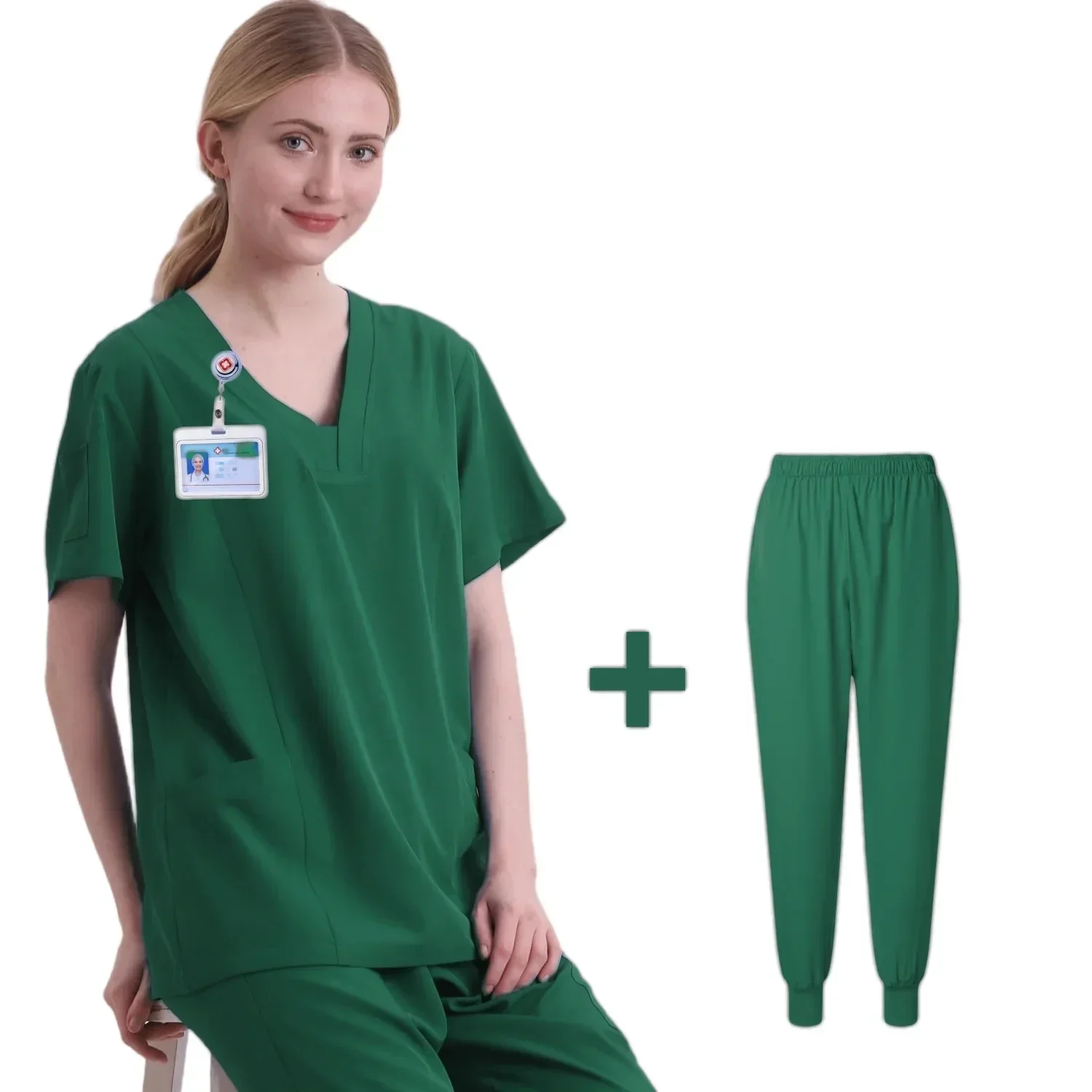 Uniformi mediche da donna Scrub elastici Set Abiti chirurgici ospedalieri Top a manica corta Pantaloni Accessori infermieristici Vestiti per medici