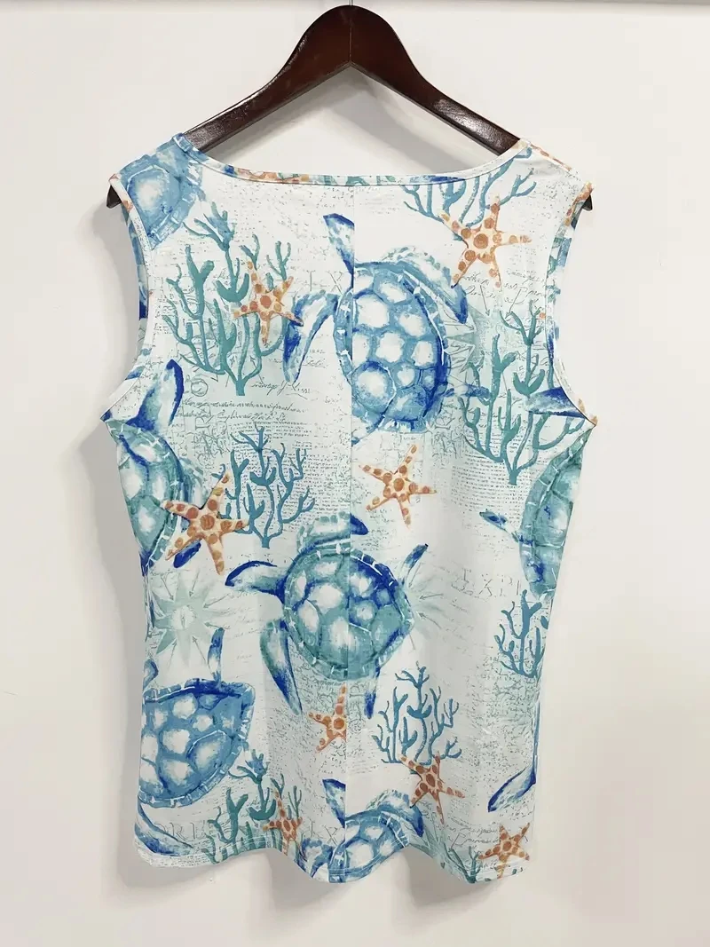 Plus Size Turtle Print Tank Top, Casual V Neck Sleeveless Top Na Lato, Odzież Damska Plus Size