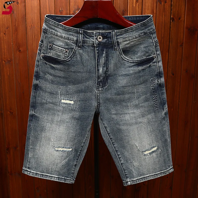 Summer fashion denim shorts men's embossed hole & patch fashion slim straight stretch street trend retro cropped pants