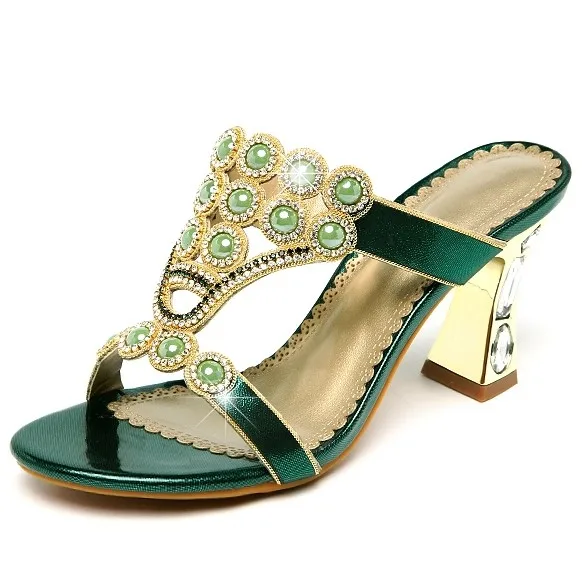 

Hot Sale Luxury Women Summer Outwear Fashion Rhinestones Slipper Female Square High Heels Sandals Party Slides Shoes Woman C0050