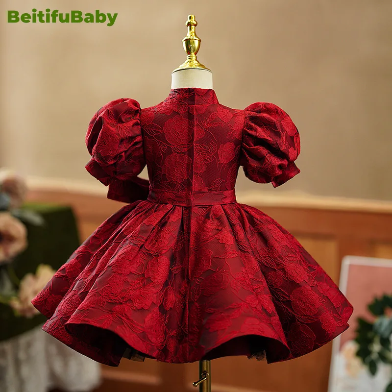 BeitifuBaby Flower Girl Dresses for Wedding Chinese Style Bubble Sleeves Bow Ball Gown Pageant Dress for Girls Vestidos De Novia