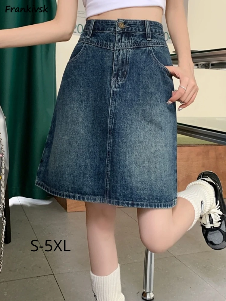 Denim Skirts Women Summer Vintage High Waist Casual A-line Knee-length Simple Fashion Slim Bleached Fit Elegant Streetwear Basic