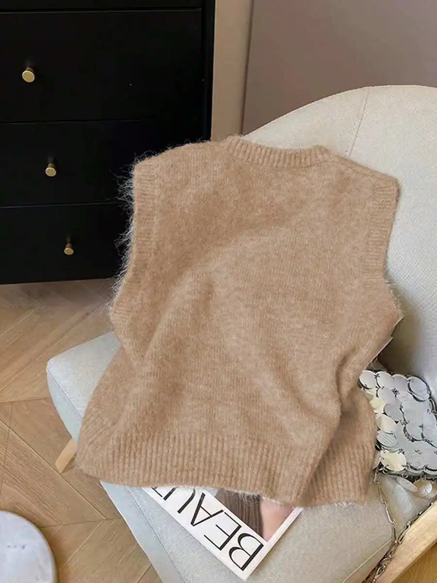 Cream Bowknot Knit Sleeveless Sweater Vest, Loose Fit Winter Layering Top