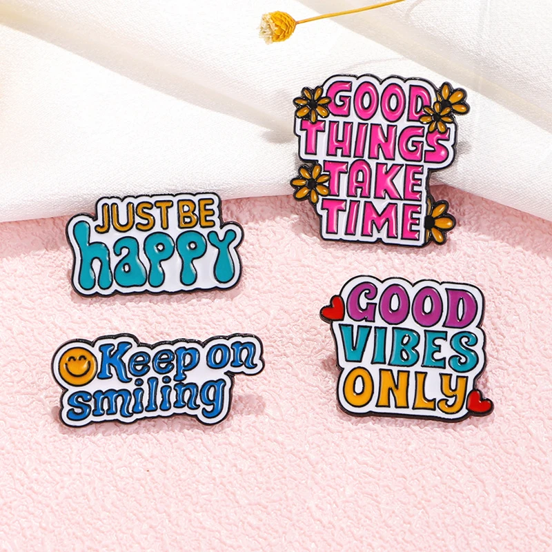 Lettres anglaises créatives pour badge, Don't Stop Keep Going Good Vibes, broche à revers en émail, bijoux de dessin animé, médaillon arc-en-ciel en métal