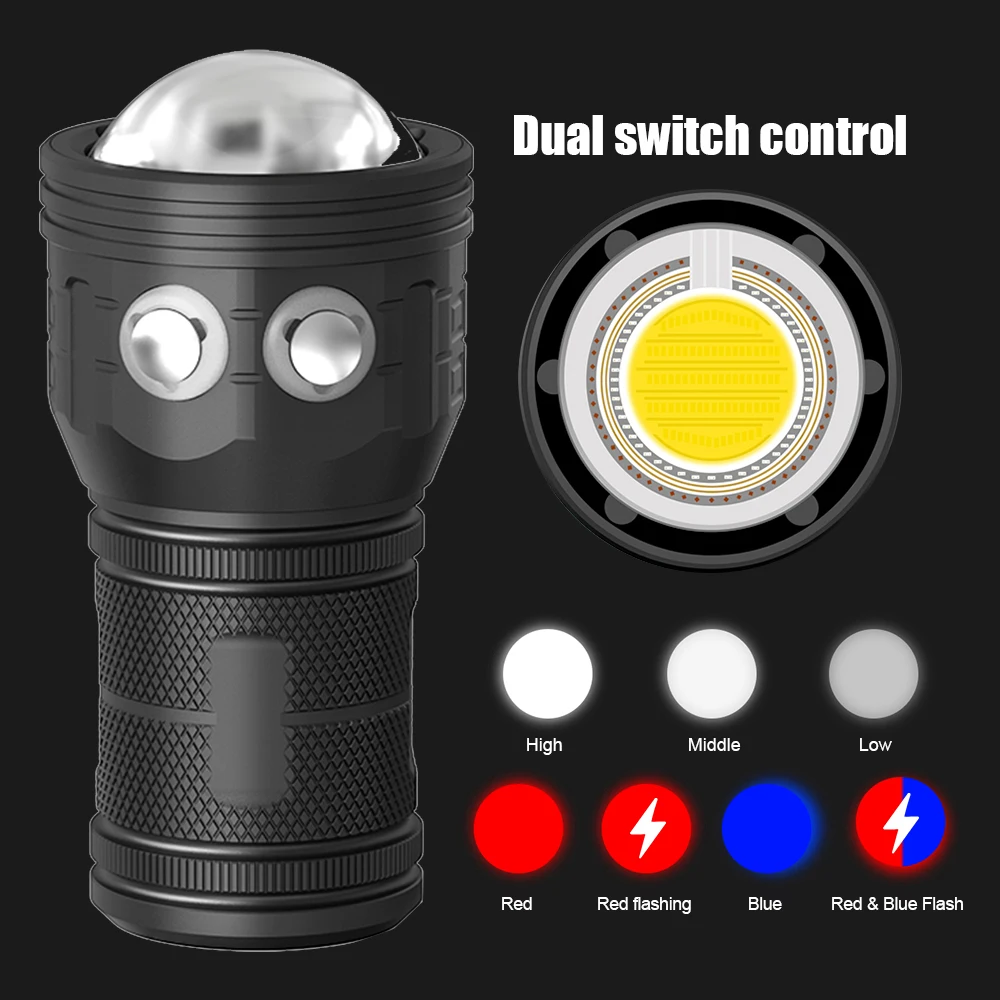 Super bright Diving Flashlight LED 3 color Underwater Fill Light Torch Rechargeable IPX-8 Waterproof Built in Battery Lantern