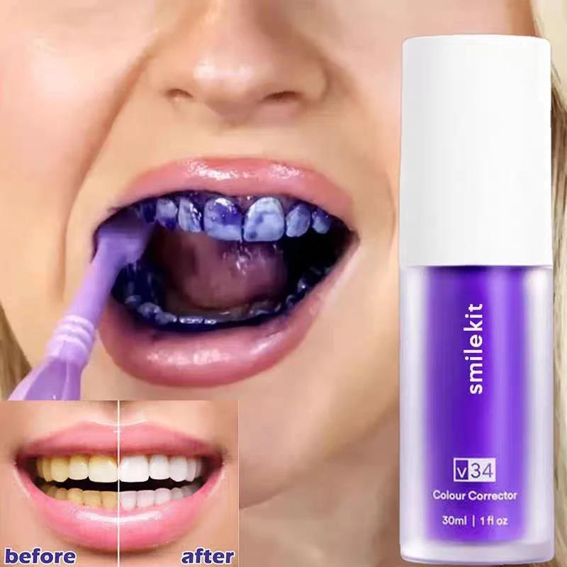 30ml V34 SMILEKIT purpurowa wybielająca pasta do zębów usuwa plamy zmniejsza żółknięcie dziąseł świeży oddech rozjaśnianie zębów