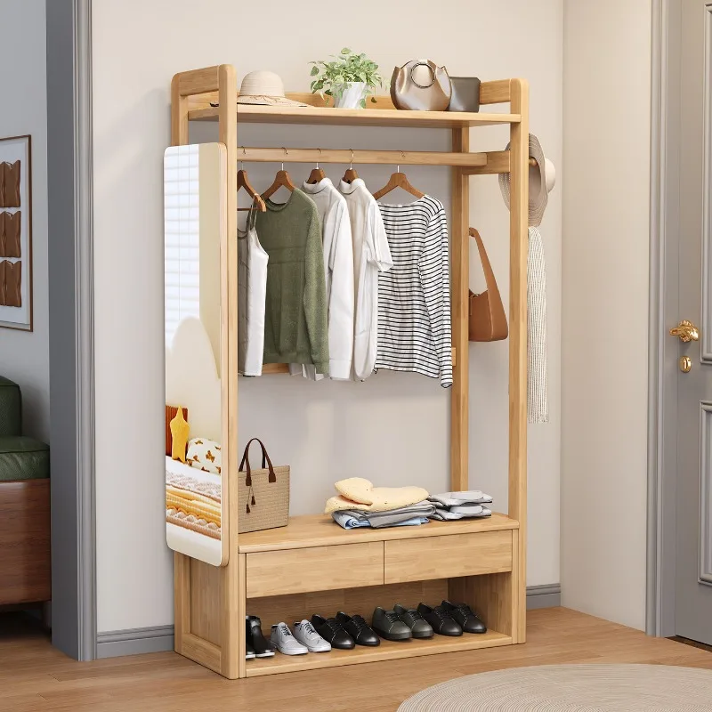 Solid wood fitting mirror, movable clothes rack, floor-standing bedroom, modern minimalist storage rack, coat rack