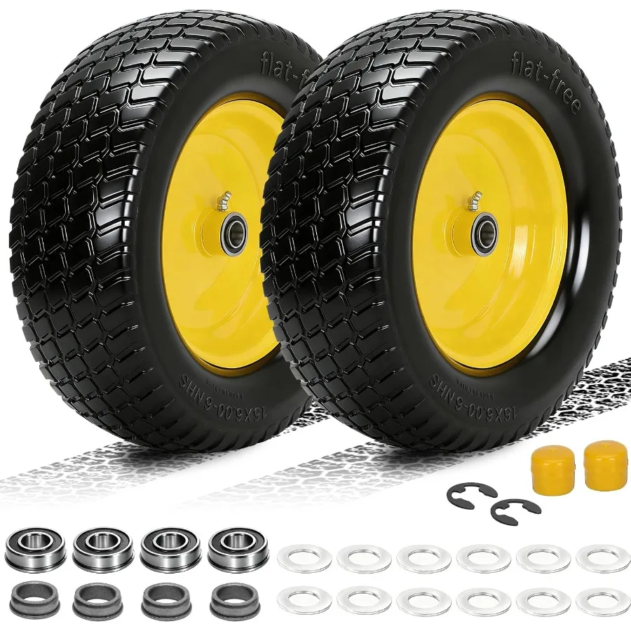 2 Pack -6 Flat Free Lawn Mower Tire and Wheel, 15 Solid Front Tires with 3 Centered Hub, 3/4 5/8 Bearings and 1 Bushings, Compa
