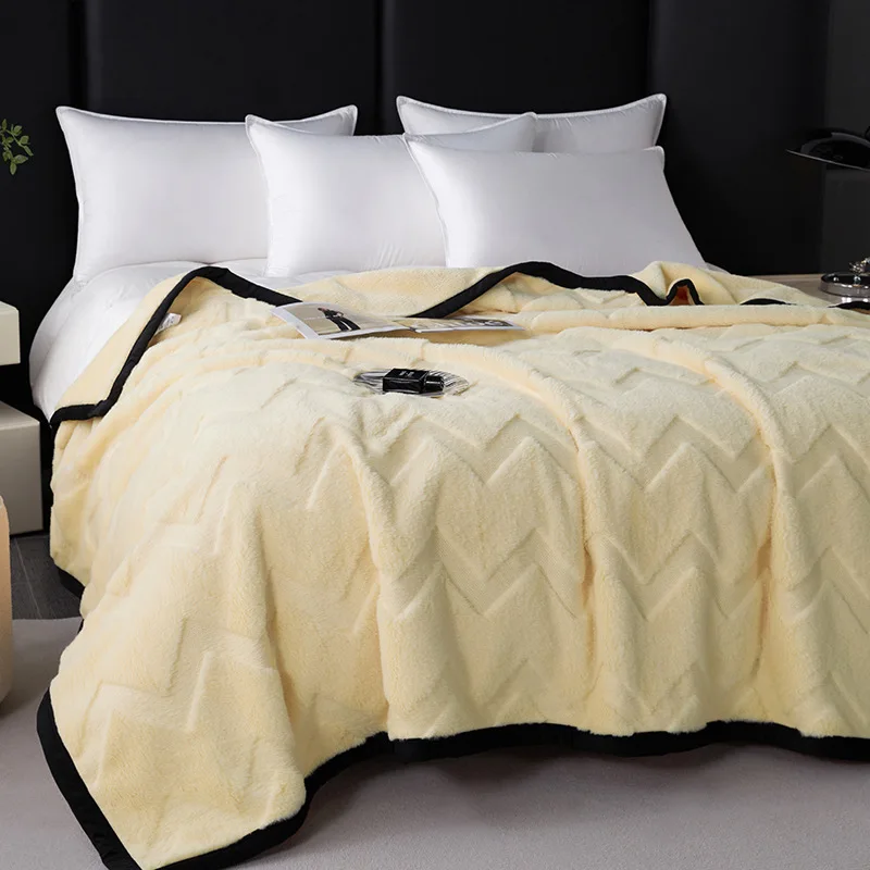 A-Class Faux Rabbit Plush Solid Blanket Thick Warm Water Ripple Sofa Cover Blanket Luxury Air Conditioning Quilt for All Seasons