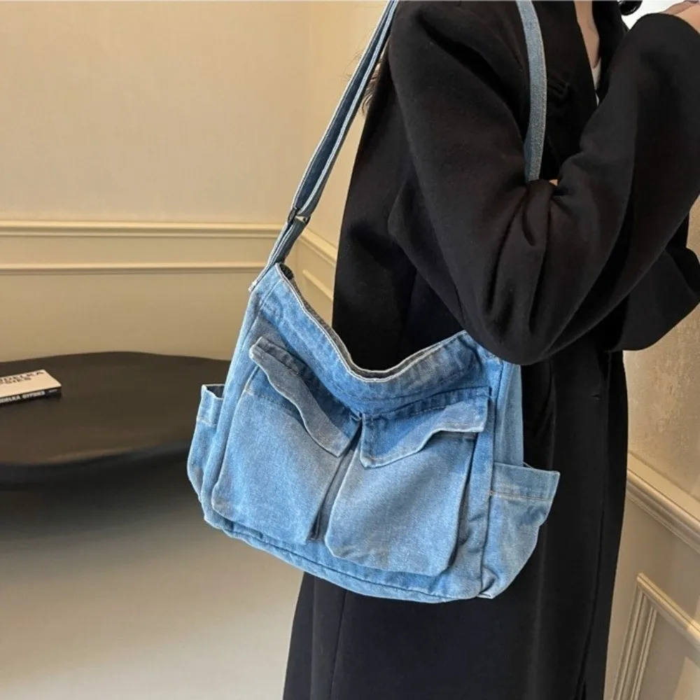 

Creative Canvas Denim Messenger Bag Harajuku Blue Commuting Shoulder Pouch Korean Style Large Capacity Underarm Bag Shopping