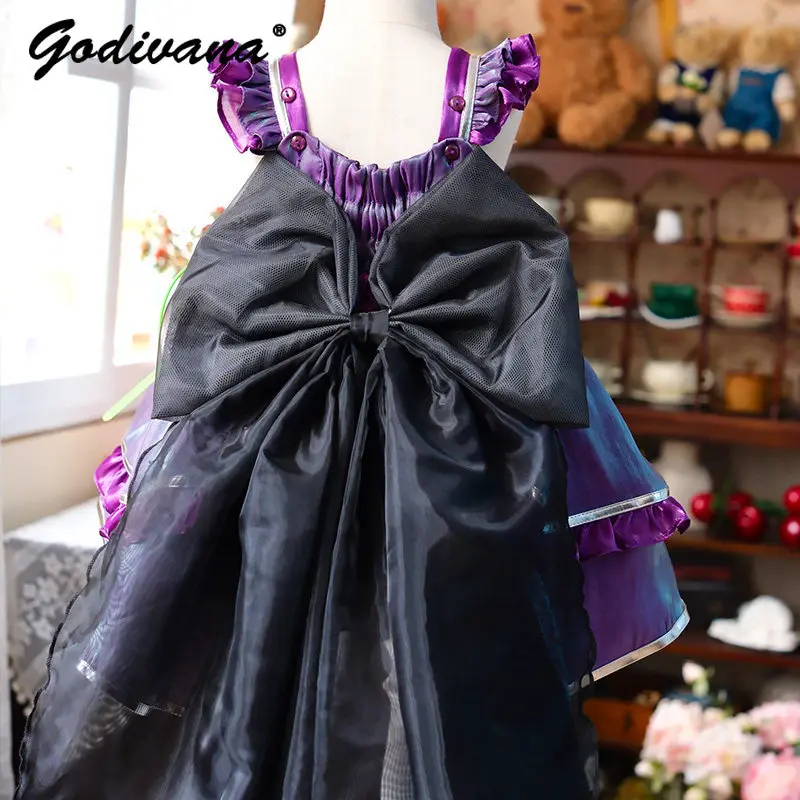 Original Cute Baby Girls Gothic Lolita Tutu Dress Kids 2026 Summer New Dark Purple Ruffle Trim Mesh Bow Train Birthday Ball Gown