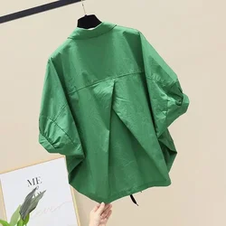 Summer New Bat Sleeve Shirt Women Loose Casual Hem Waist Short Sleeve Blouse Solid Crop Tops Half White Shirts Lady