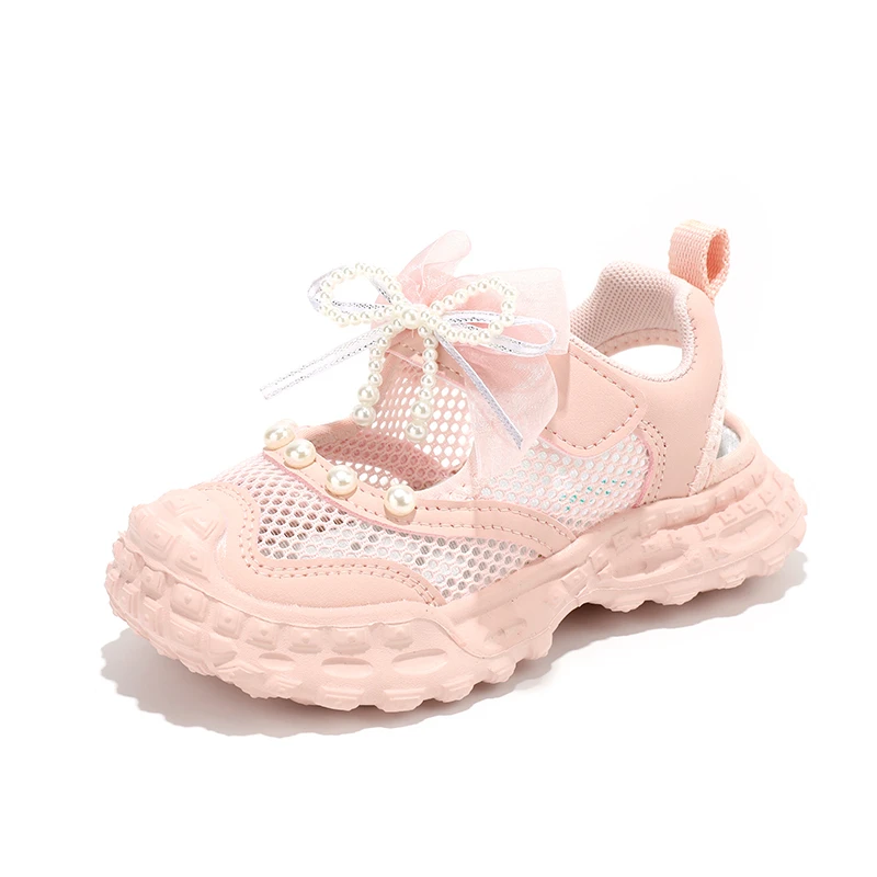 

2026 New Summer Girls Sneakers Bowknot Decor Beaded Beach Shoes Hollow Mesh Breathable Non-Slip Sole