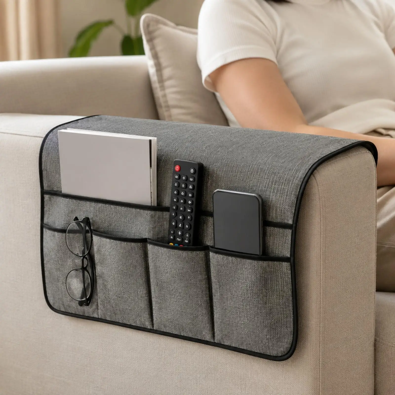 Sofa Armrest Organizer Non-Slip Couch Arm Organizer with Pockets Machine Washable Sofa Side Hanging Organizer for Living Room,