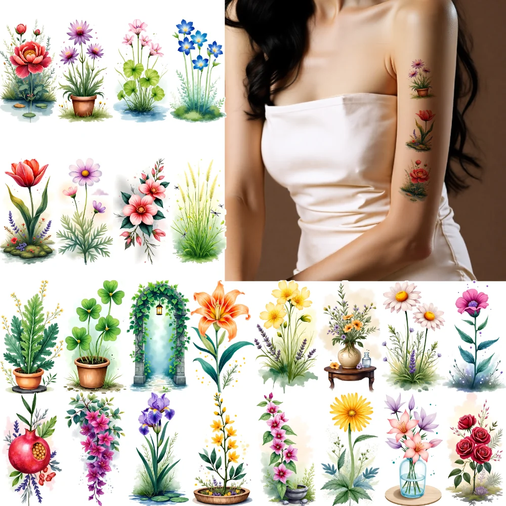 9 قطع من ملصقات زهور الوشم المؤقت المقاومة للماء وملصقات الجسم تدوم طويلاً وتصاميم الأزهار والألوان المائية للفتيات على أكتاف الأسلحة #4