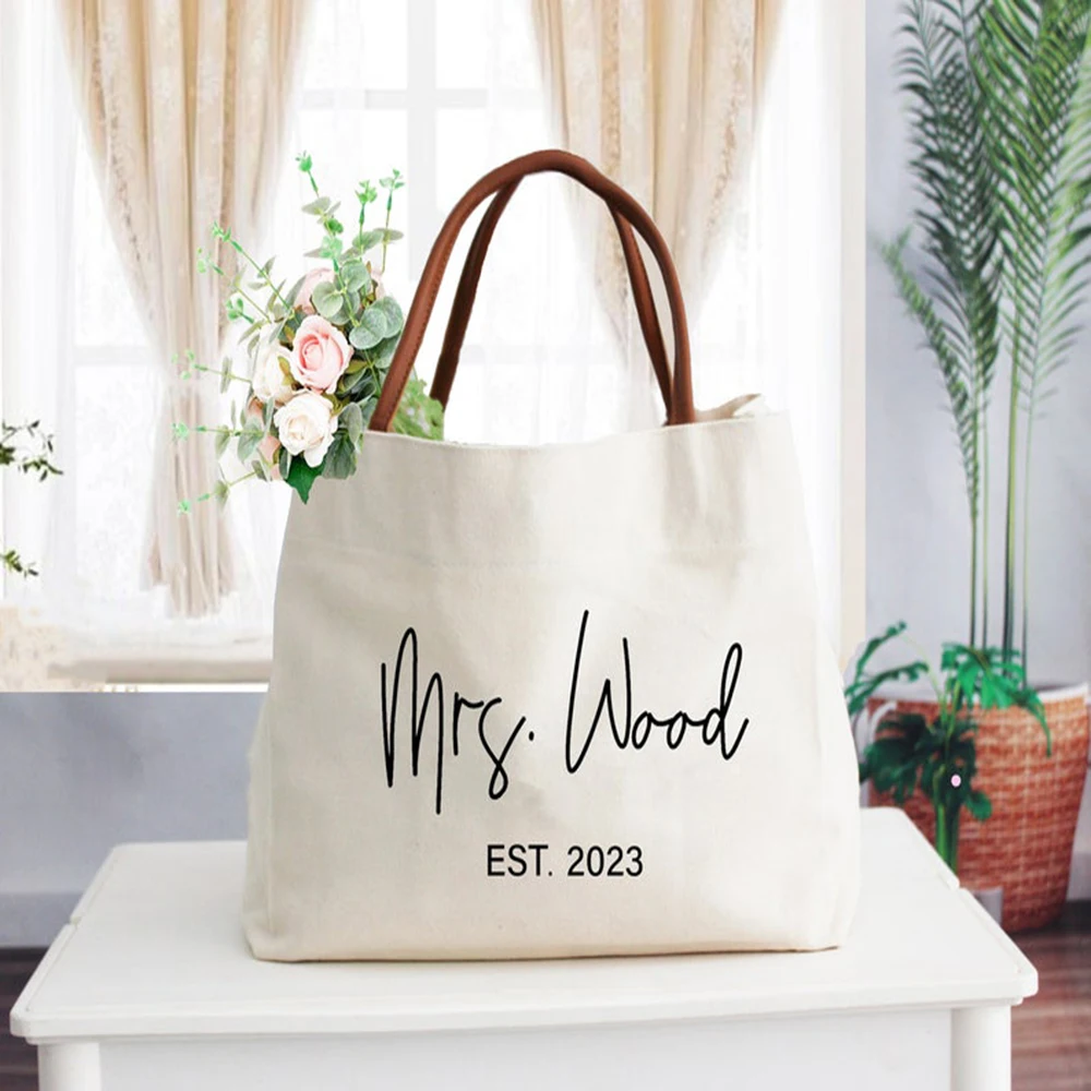 

Personalized Bride Canvas Tote Durable Eco Friendly Canvas Tote Custom Name Date Wedding Tote Bridal Shower Travel Gift Bag