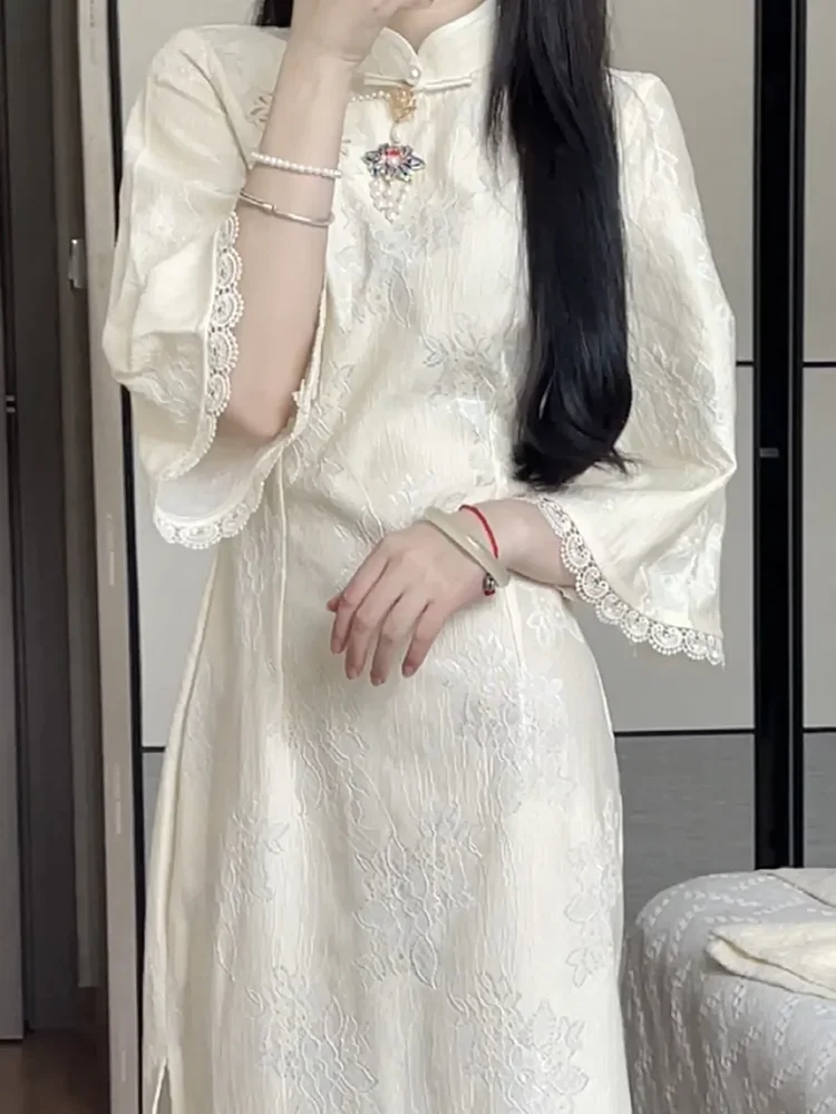 

Весеннее китайское кружевное платье Cheongsam Qipao, элегантное женское винтажное классическое платье больших размеров с вышивкой