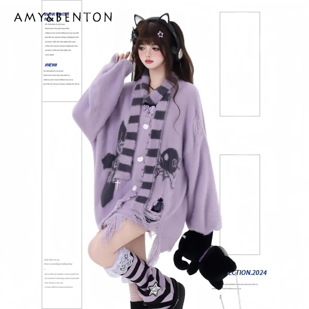 

Autumn Winter New Women's Subculture Imitation Mink Fur Purple Black Loose Casual Single-Breasted Cardigan Sweater with Scarf