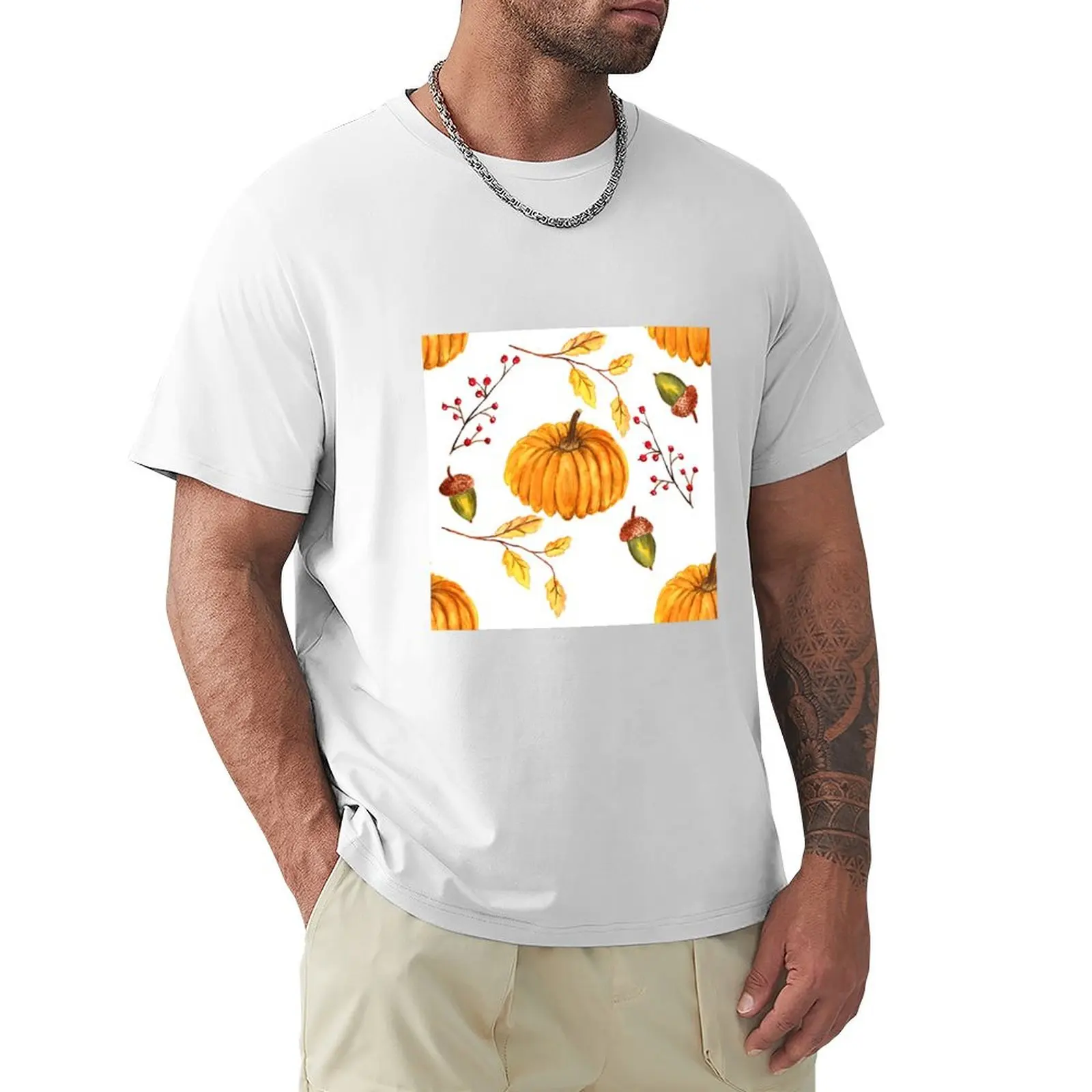 

Pumpkins & Acorns Watercolour Pattern T-Shirt plus size tops vintage clothes funnys sweat shirts, men