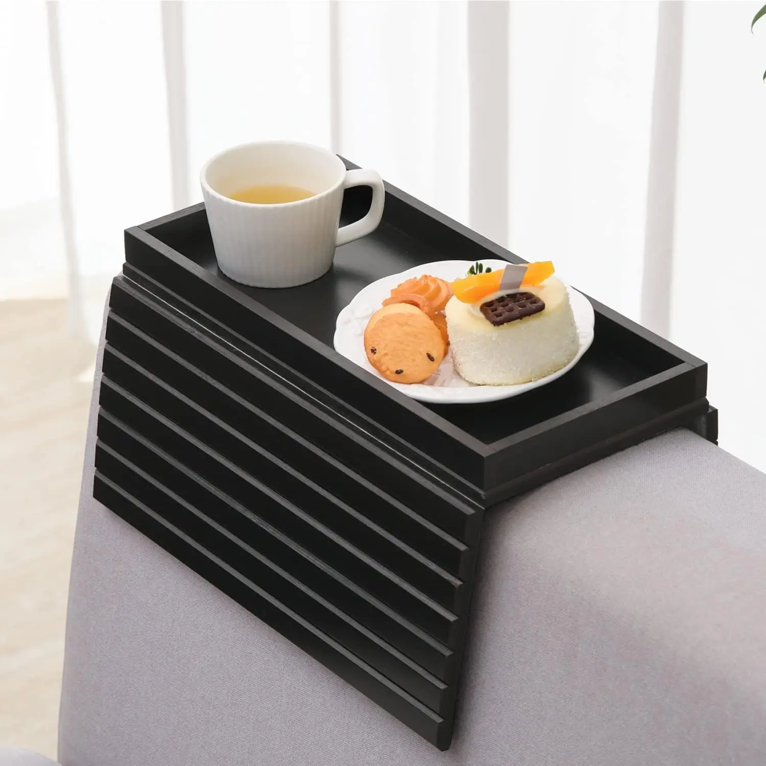 

Bamboo Sofa Arm Tray, Foldable Couch Arm Tray Side Table, Anti-Falling Armrest Tables Cup Holder for Snacks, Drinks, Bee