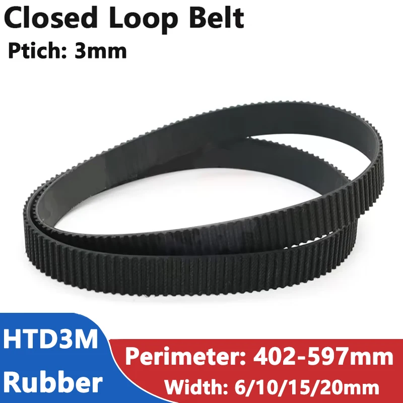 

HTD3M Timing Belt C=402/405/408/411/414/417/420/423/426-597mm Width 6/10/15/20mm Rubber Closed Loop Synchronous Belt Pitch 3mm