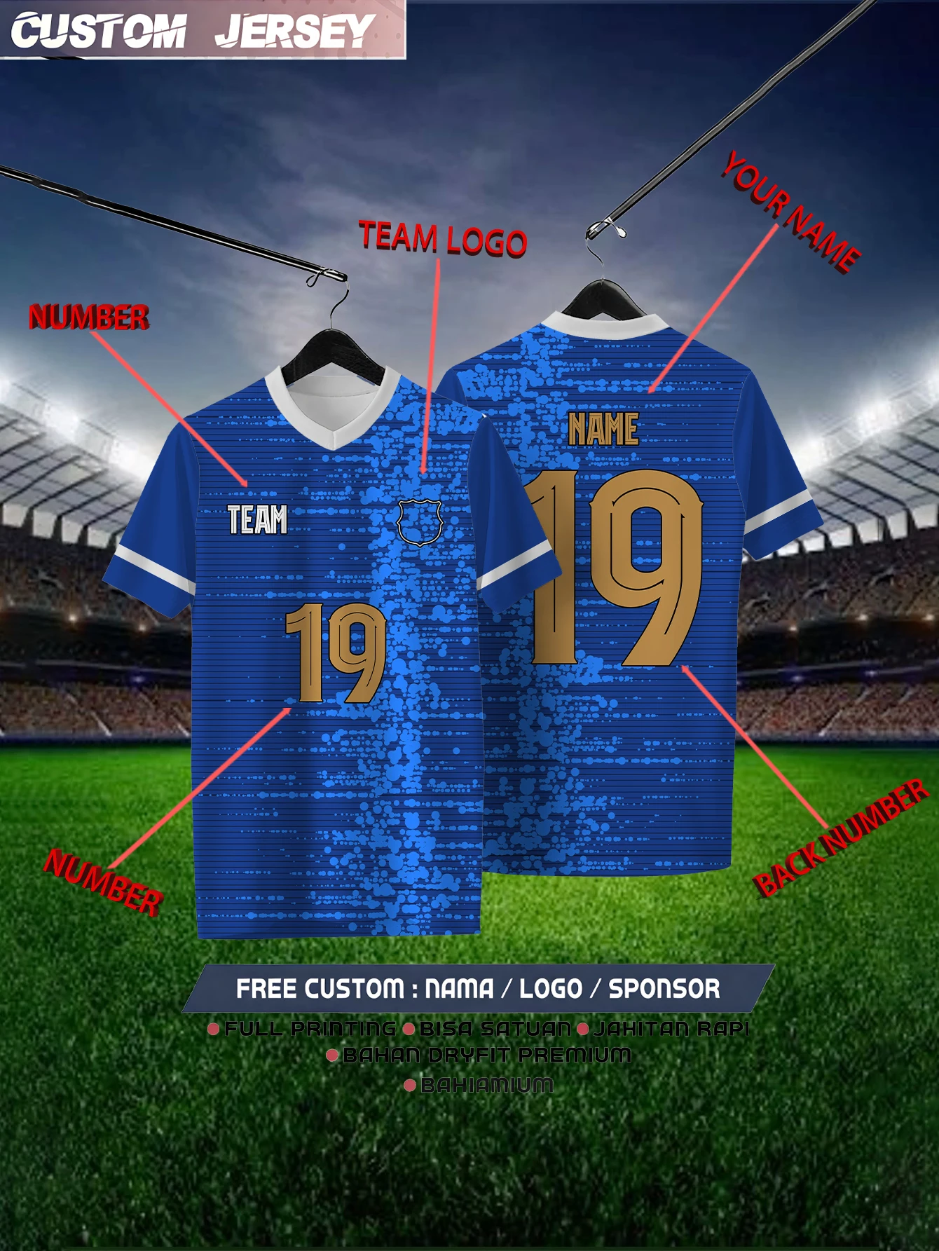 

Customized Geometric Blue Short Sleeved Shirt with Team Name, Emblem, Name and Number, Outdoor Sports Short Sleeved T-shirt