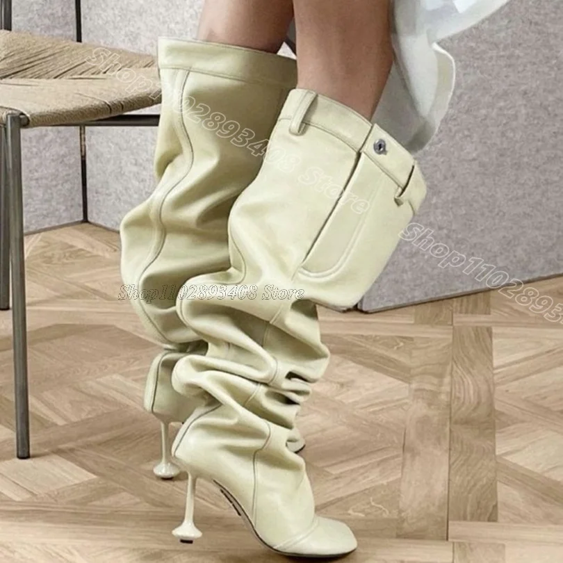 Cream Strange Style Pleated Boots Square Toe Leather Fashion British Style Spring Party Dress Women Boots Zapatos Para Mujere