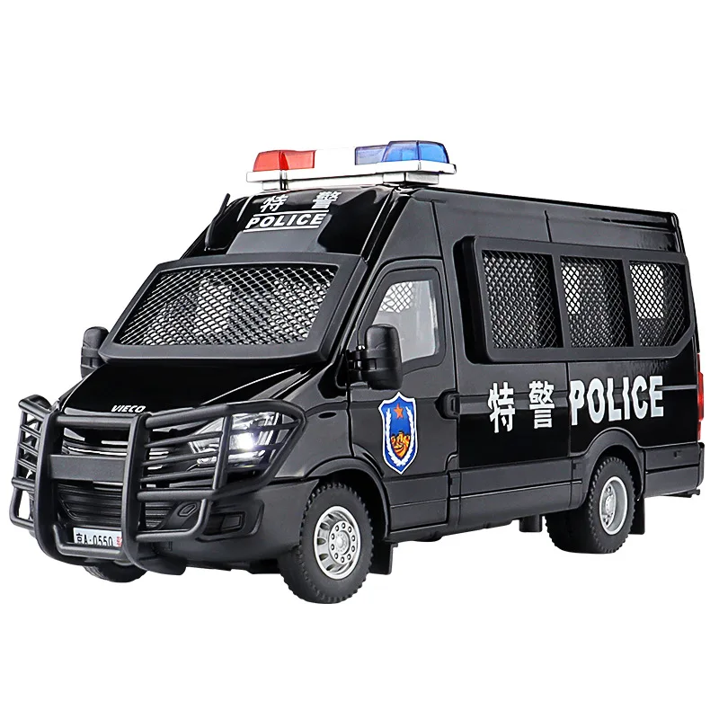 1:24 Alloy Iveco SWAT Anti Riot Police Toy Car Light Sound Pull Back Simulation Vehicle Boys Birthday Holiday Gift