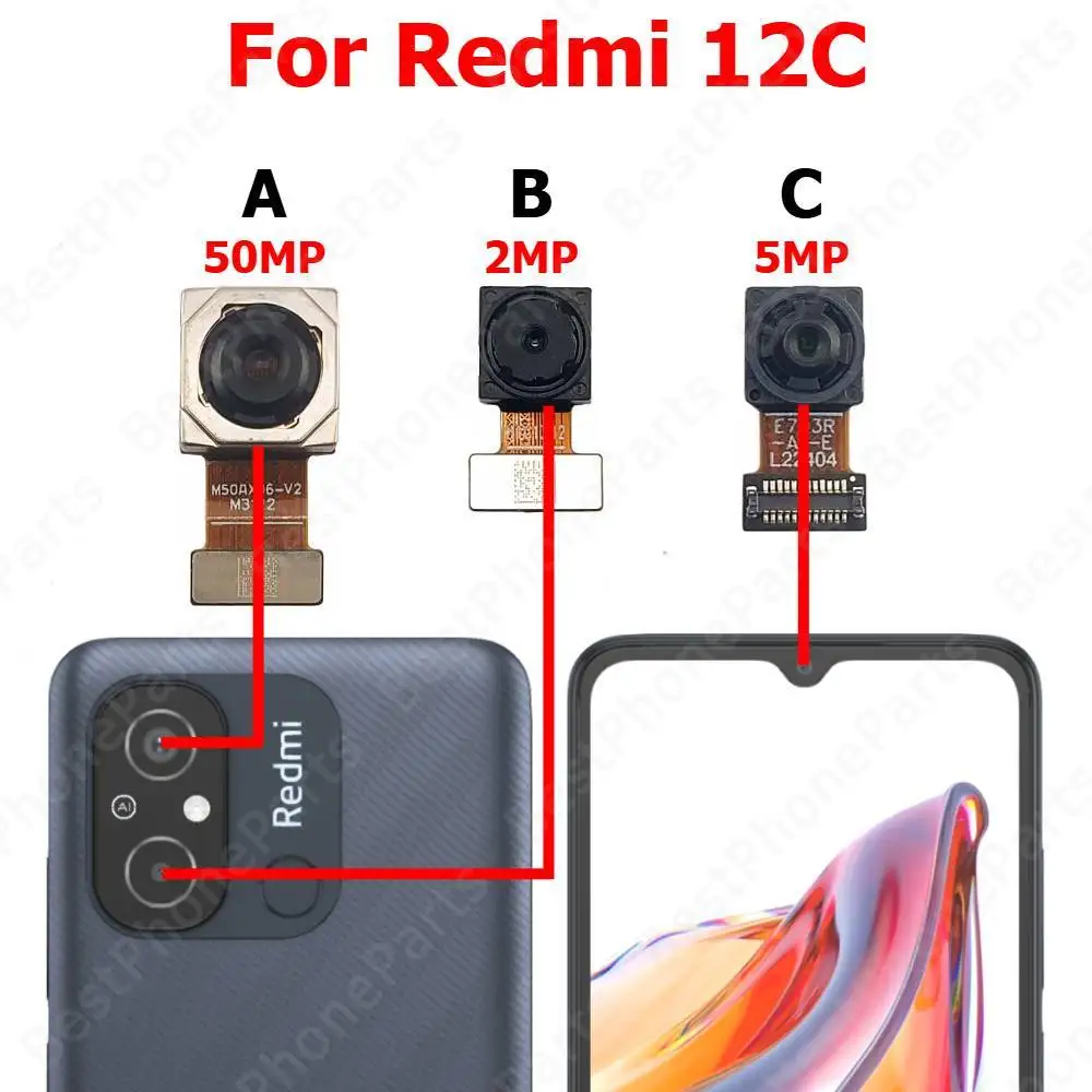 Camera For Xiaomi Redmi 12C Rear Backside Front Facing Frontal Selfie Back Camera Module Mobile Phone Replacement Parts