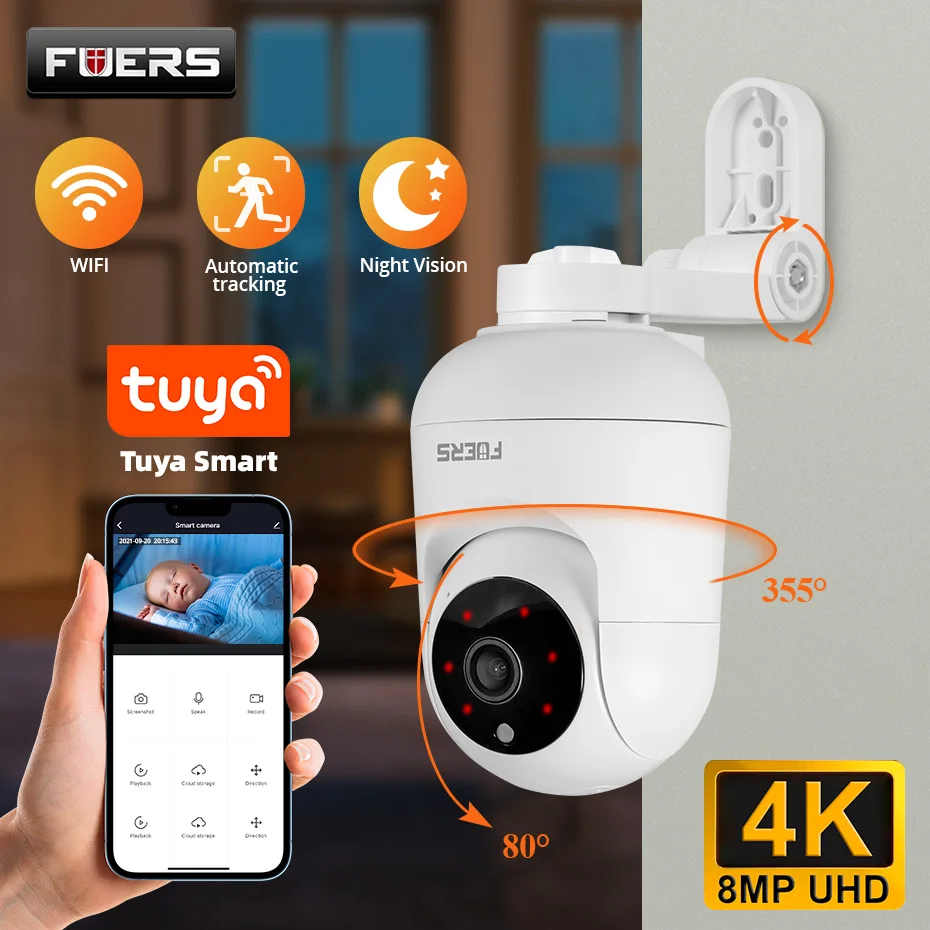 FUERS 4K 8MP WiFi IP Camera With Adjustable Bracket Tuya Smart Home Security Wireless Surveillance Camera Baby Monitor Mini Cam