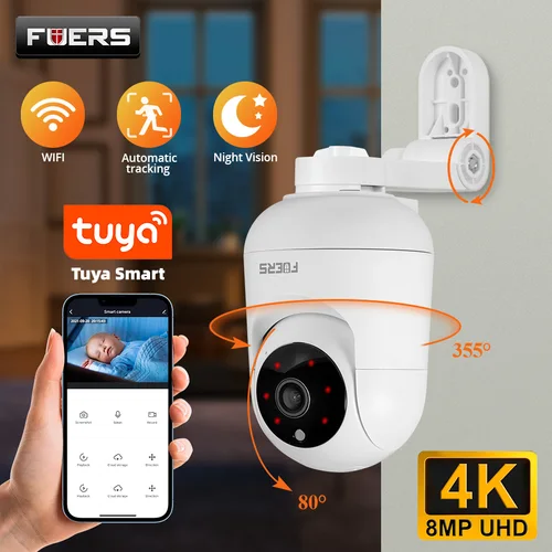 Imagen 1 del producto FUERS 4K 8MP WiFi cámara IP con soporte ajustable Tuya cámara de vigilancia inalámbrica de seguridad para el hogar inteligente Monitor de bebé Mini cámara