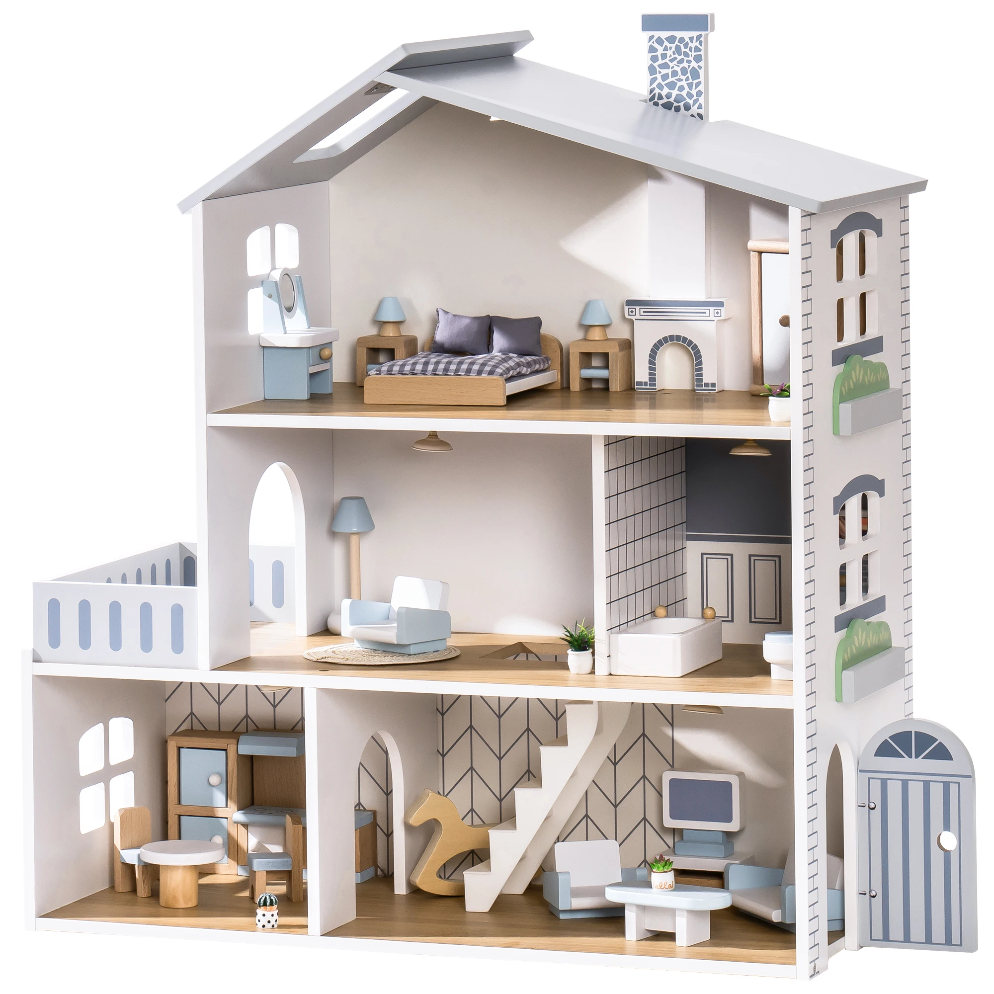 Robud Wooden Dollhouse 6 Rooms 29 Realistic Accessories 4-6