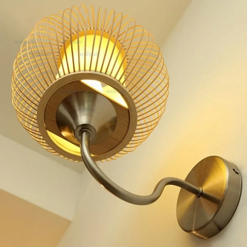 Pastoral Bamboo Globe Wall Lamp Handmade Wood Stick Ball Sconce Aisle Doorway Corridor Foyer Porch Creative Metal Light Fixture