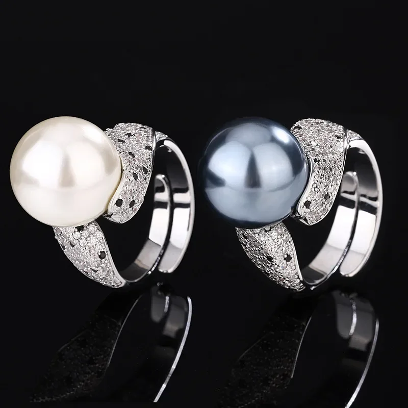 

Adjustable White Grey Pearl Rings Exquisite Women's High Quality Jewelry with Elegant Round Design Lustrous Finish Gift 14mm