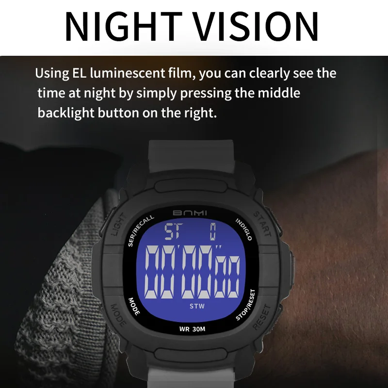 ساعة رياضية رجالية متعددة الوظائف، ساعة منبه، تقويم أسبوعي، عرض مضيء مقاوم للماء، ساعة رقمية كرونوغراف