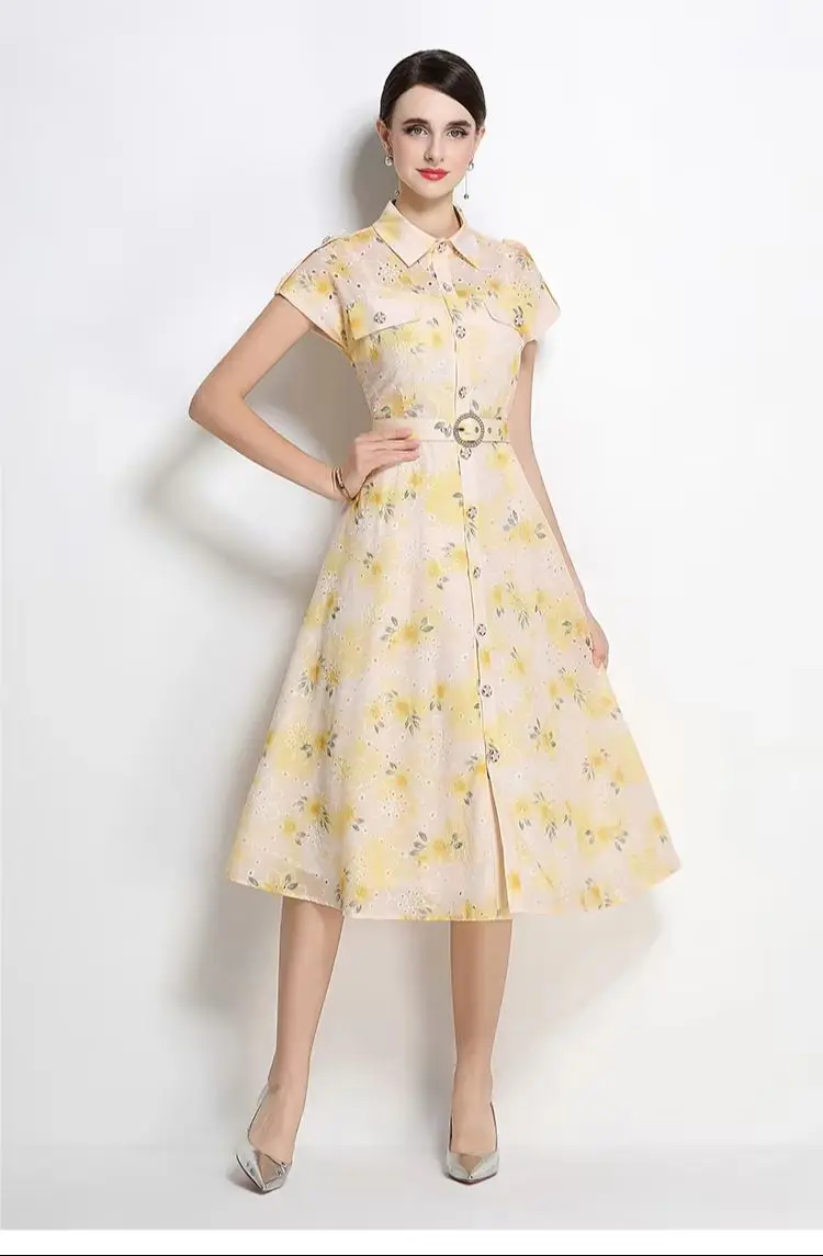 

Summer Vintage Lace Midi Dress for Women with Lapel Short Sleeve Single Breasted Belt Hollow out Embroidery Elegant Vestidos