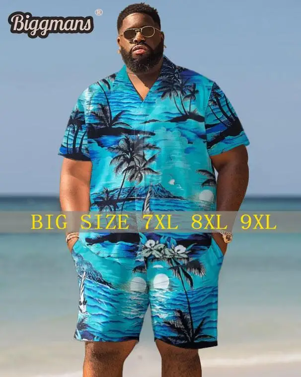 Biggmans Shirt Plus Size Set L-9Xl for Summer Beach Clothing Oversize Hawaii Suit Hawaiian Print Shorts 5Xl 6Xl 7Xl 8Xl 9XL