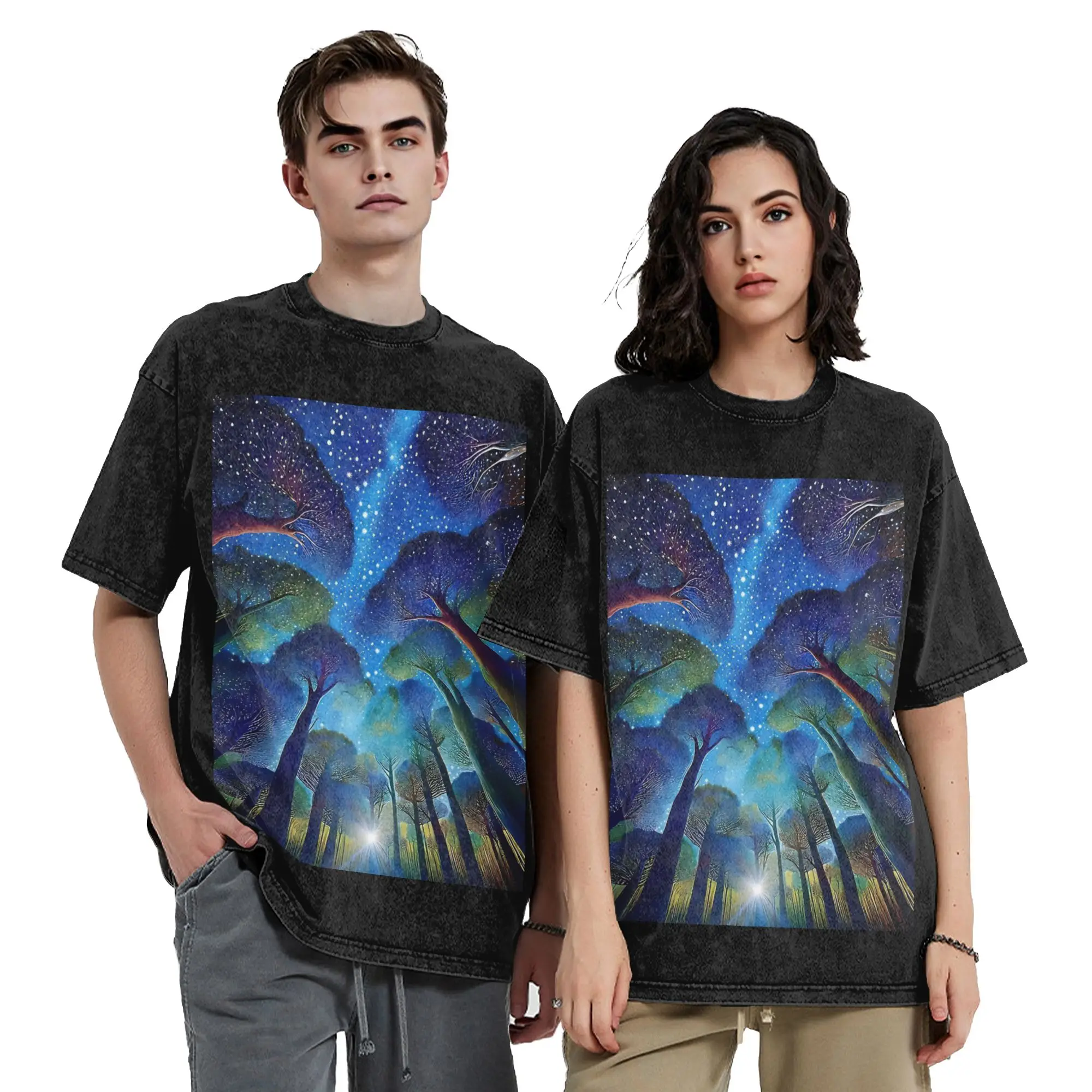 Washed T Shirt Yayoi Kusama Starry Night Forest Hip Hop Vintage T-Shirts Street  Streetwear Summer Tops Tees for Men Women