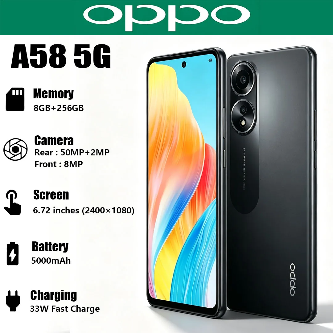 New OPPO A58 5G 6.72" Big Screen Cellphone 5000mAh Battery 33W Charger 50MP AI Camera Global Version Dual-SIM Smartphone 8+256GB