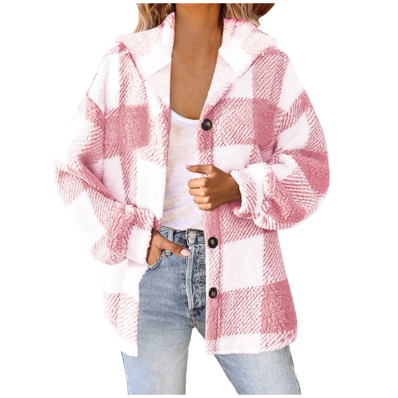 Plaid Color Match Hooded Jacket Women's Autumn Winter Button-Down Fleece Coats Casual All Match Streetwear Outdoor Warm Jackets