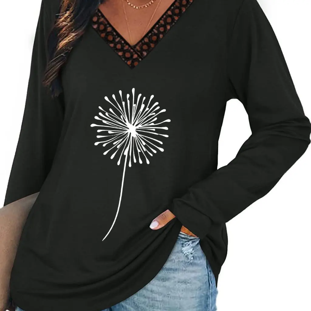 

Women's Casual Long Sleeve T-shirt Dandelion Print Lace V-neck European American Style Top for Fashionable Women
