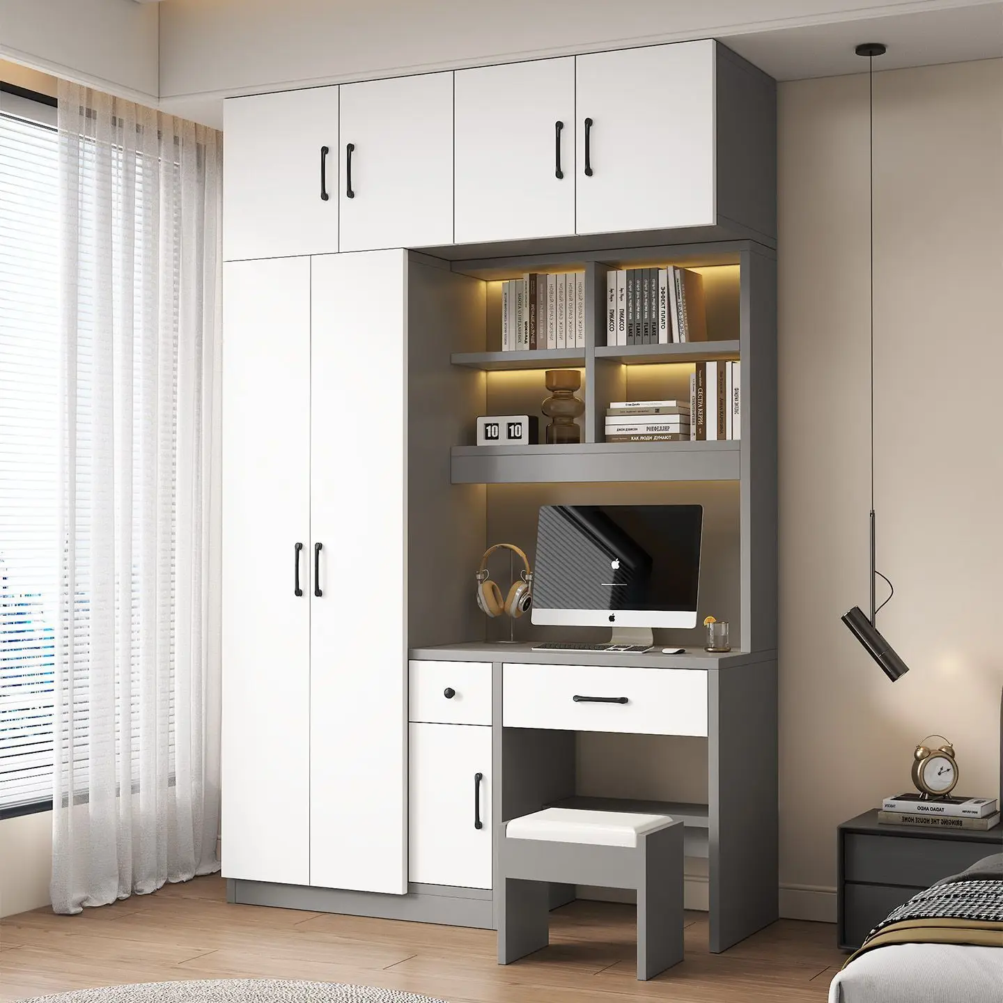 

Solid wood wardrobe household bedroom with desk integrated combination small apartment student learning computer desk