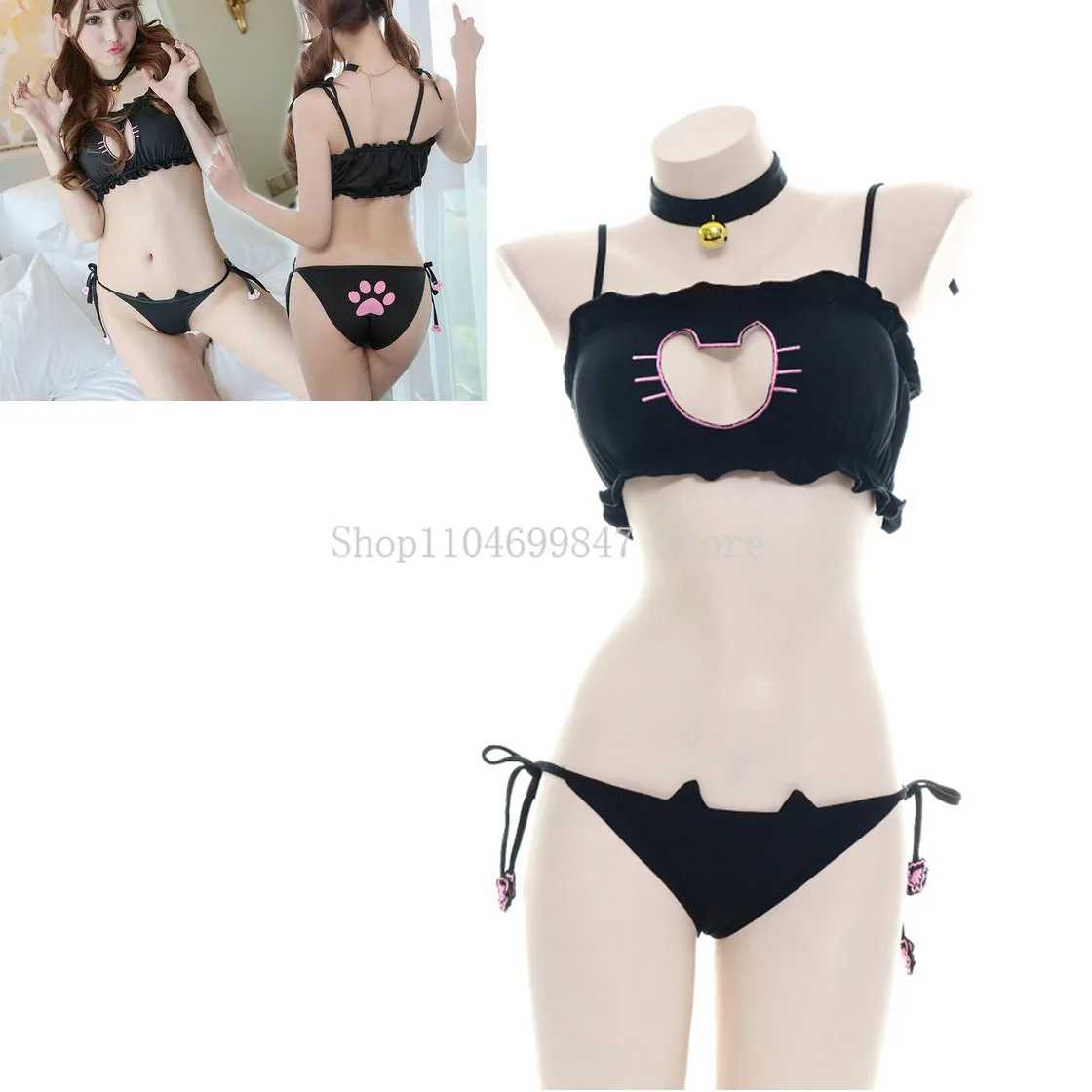 Pakaian Dalam Kostum Cosplay Seragam Katze Kucing Seksi Lingerie Tiga Titik Tali Keluar Holloween Godaan Malaikat Payudara Bungkus Eksotis