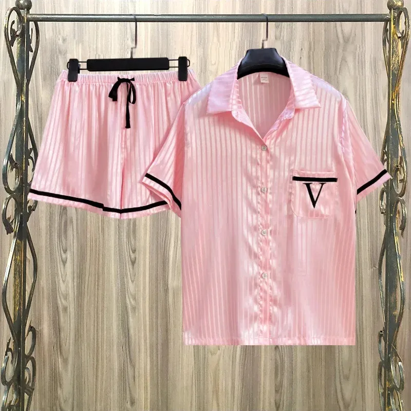 Summer Women Short Sleeve Striped Pajamas 2 Piece Set Lapel Button Top Shorts Pink Satin Lounge Wear Fashion Party Sleepcoat Set