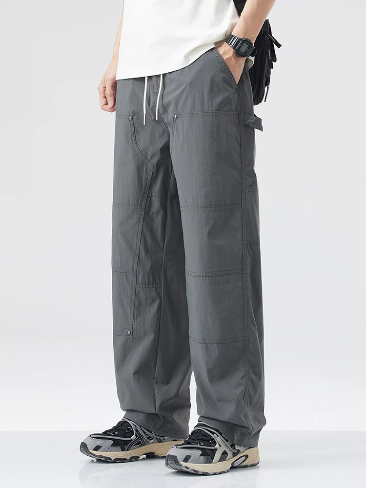 الربيع الصيف الرجال السراويل عارضة الثقيلة Waed الأمريكية الرجعية تنوعا السراويل الطويلة الأزرق تصميم مستقيم الساق كيت التفاصيل