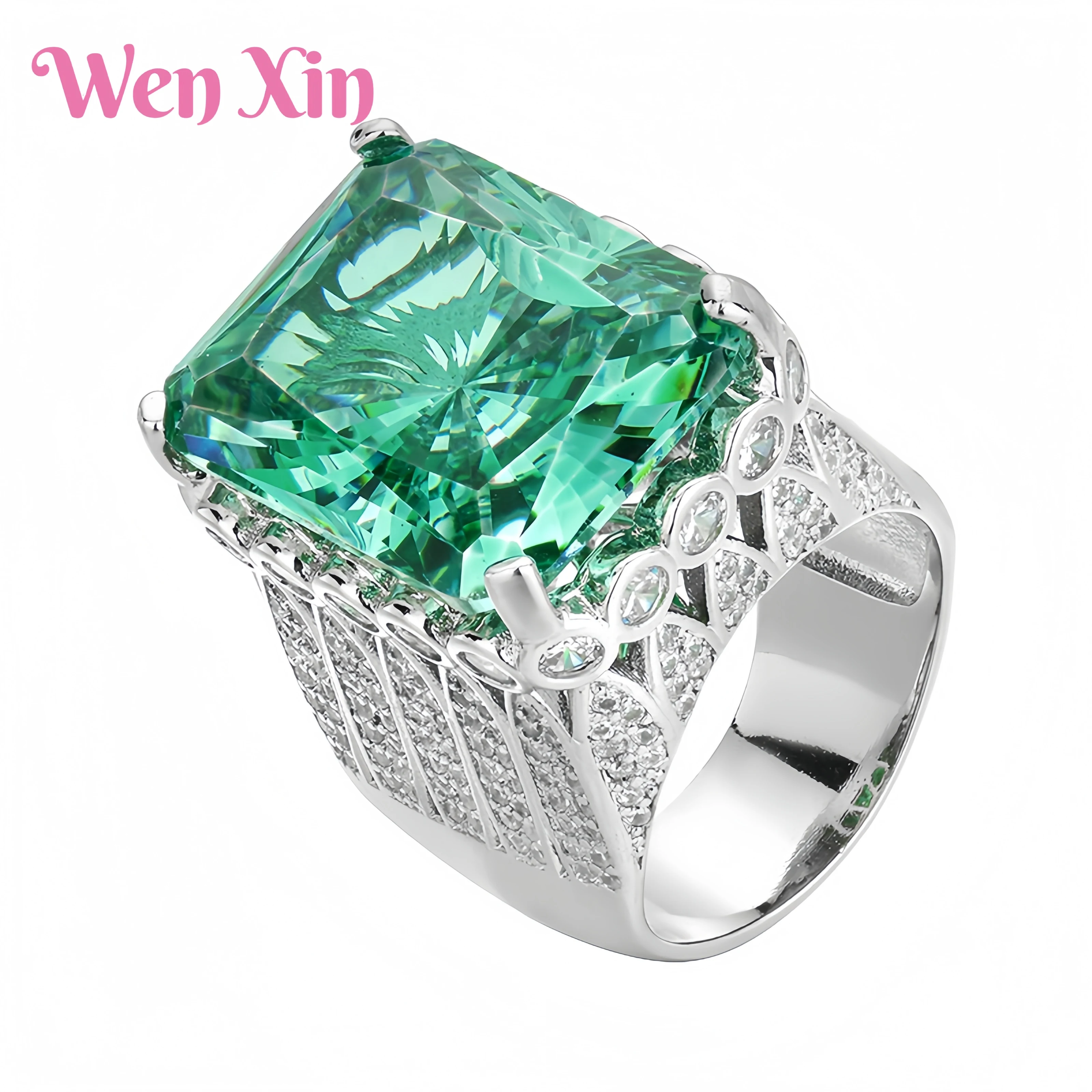 

WENXIN Brand MUSHAN MCT Copper Base Gold Plated Simulated Paraiba Green Square Diamond Ring Fashion Jewelry Accessories