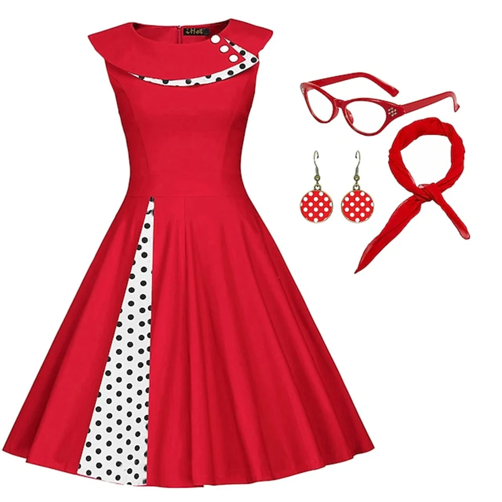 50s Outfit Flare Dress 7 Pcs 1950s Audrey Hepburn Accessories Set Retro Vintage Swing Dress Women's Party Date Festiva