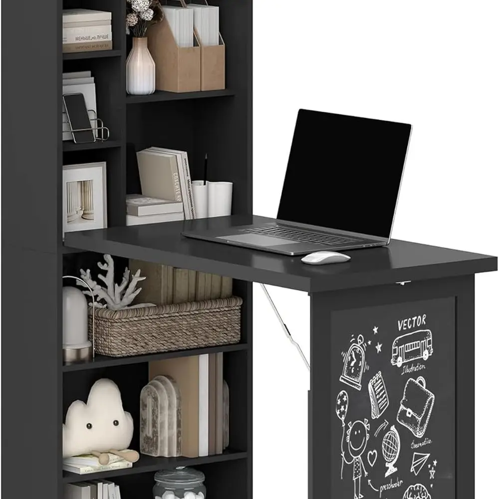 

Multi-Functional Fold-Out Writing Table with Blackboard and Side Shelf, Home Office Desk, Black