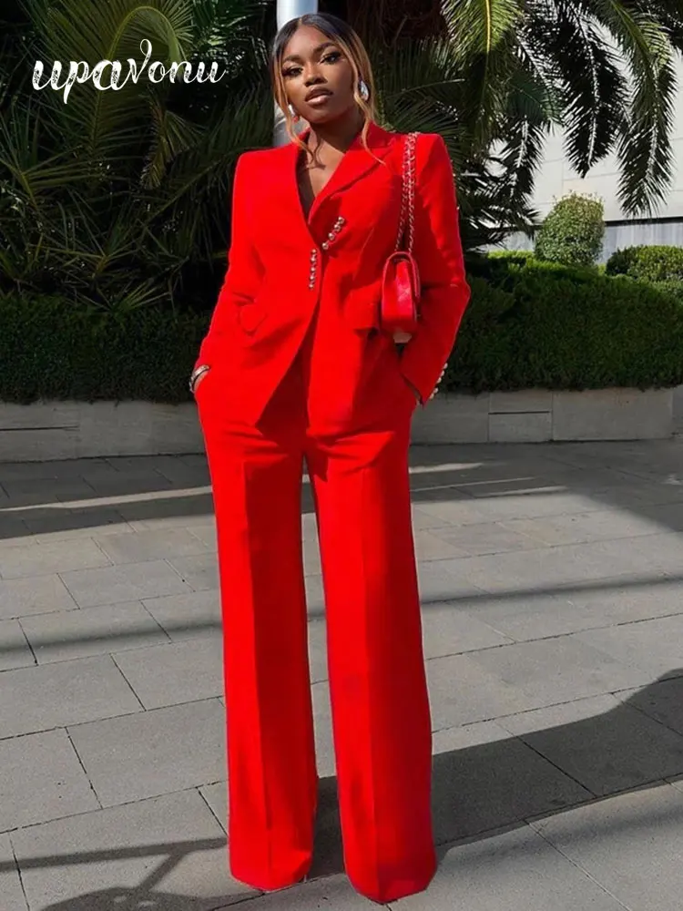 Autumn 2023 Elegant Women\'s Suit Coat+Pants Set Polo Collar Long Sleeve Single breasted Design Red Suit Coat Two Piece Set